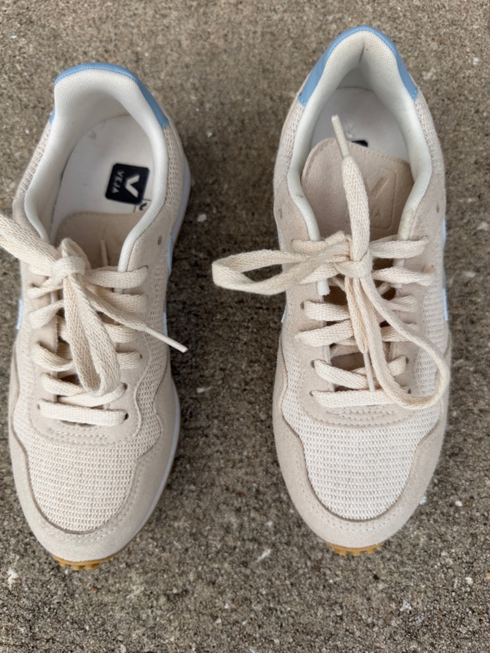 Veja Natural Beige Sneakers with Light Blue Heel Trim